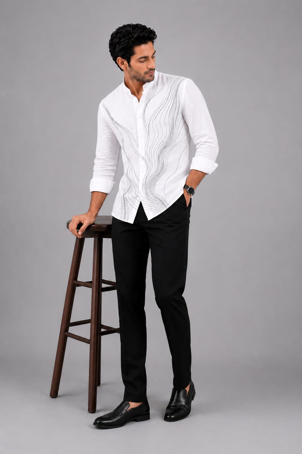 Black wave embroidered shirt