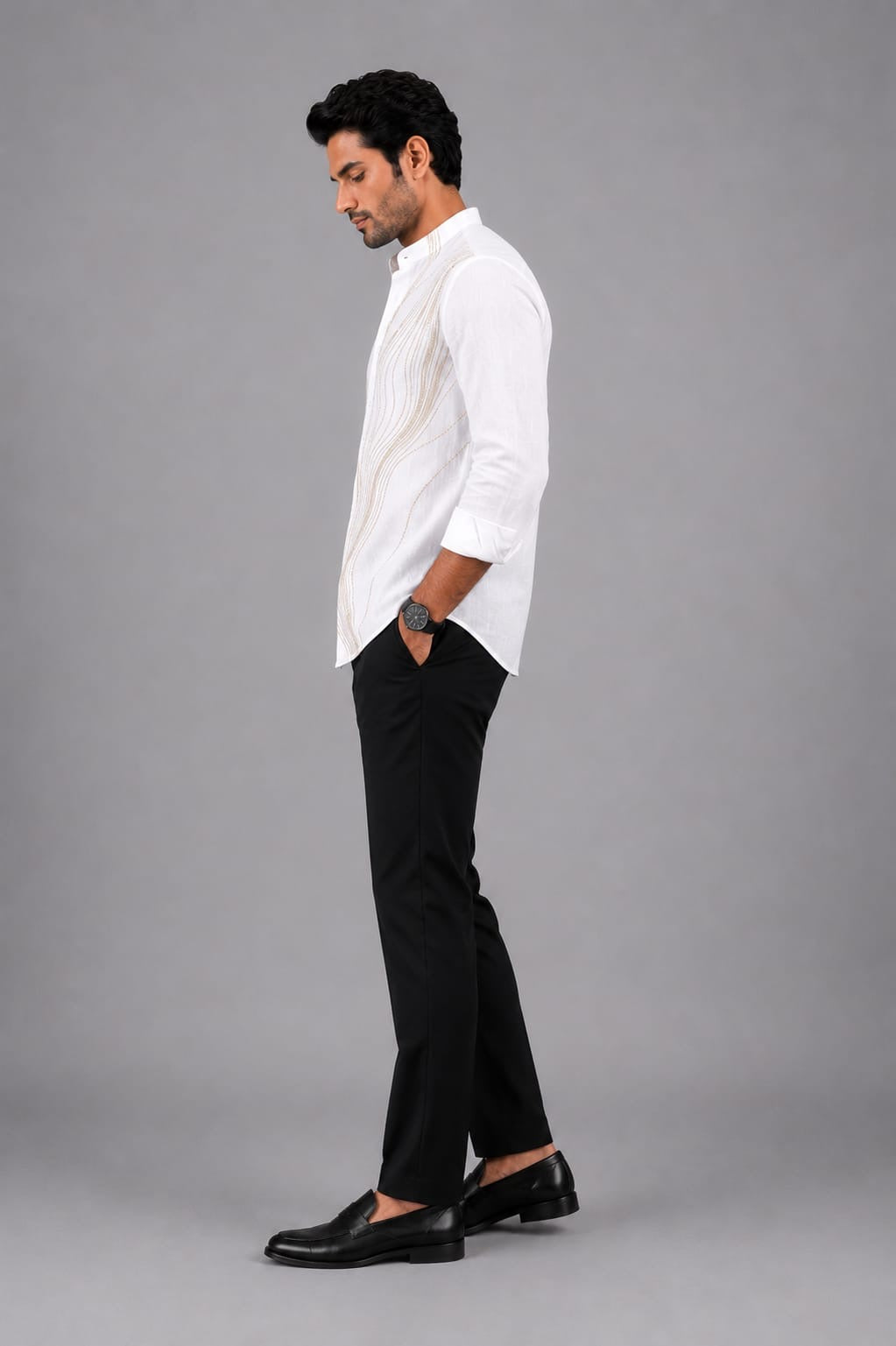 Beige Wave Embroidered Shirt