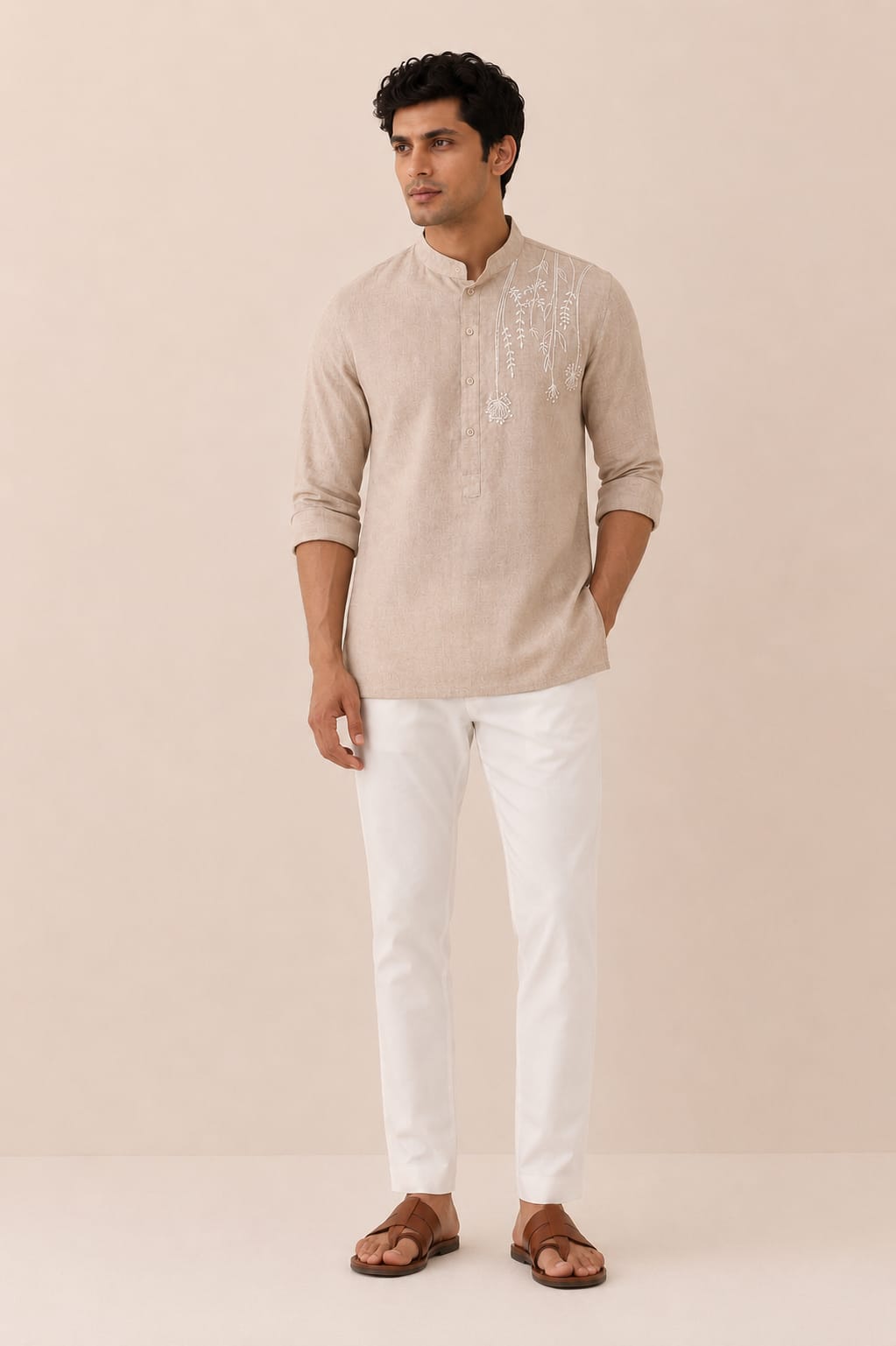 Natural Beige Embroidered Kurta