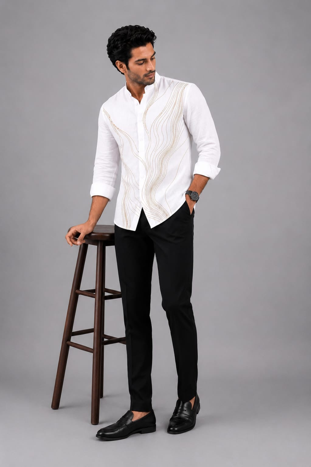 Beige Wave Embroidered Shirt