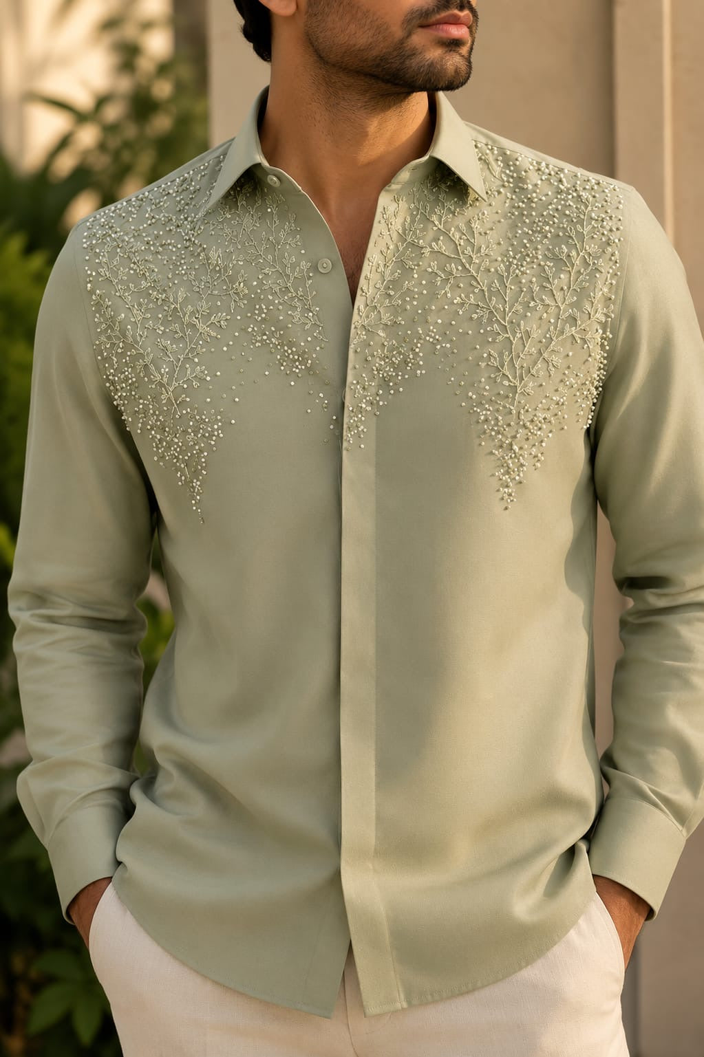 Sage Botanical Embroidered Shirt