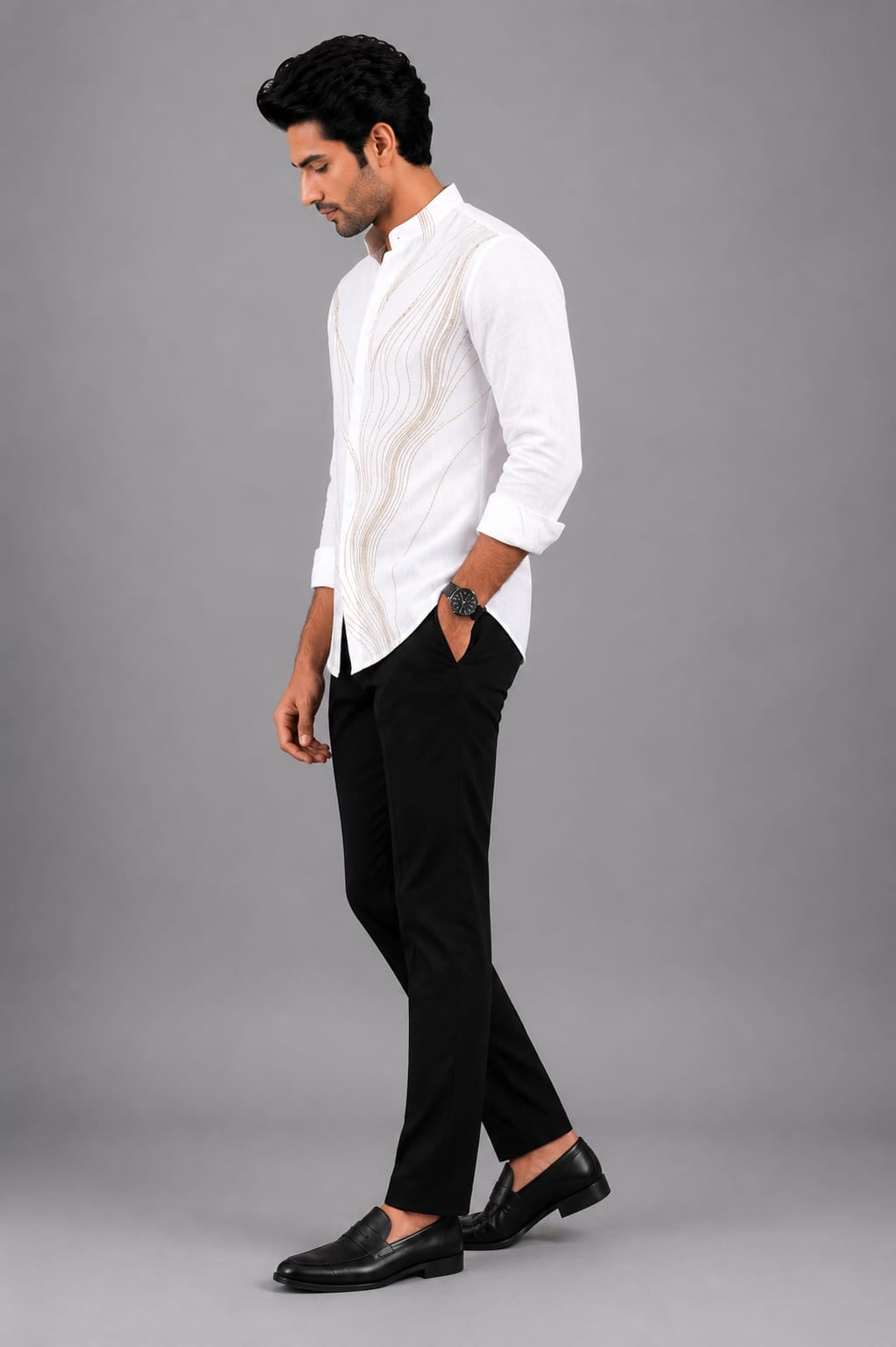Beige Wave Embroidered Shirt
