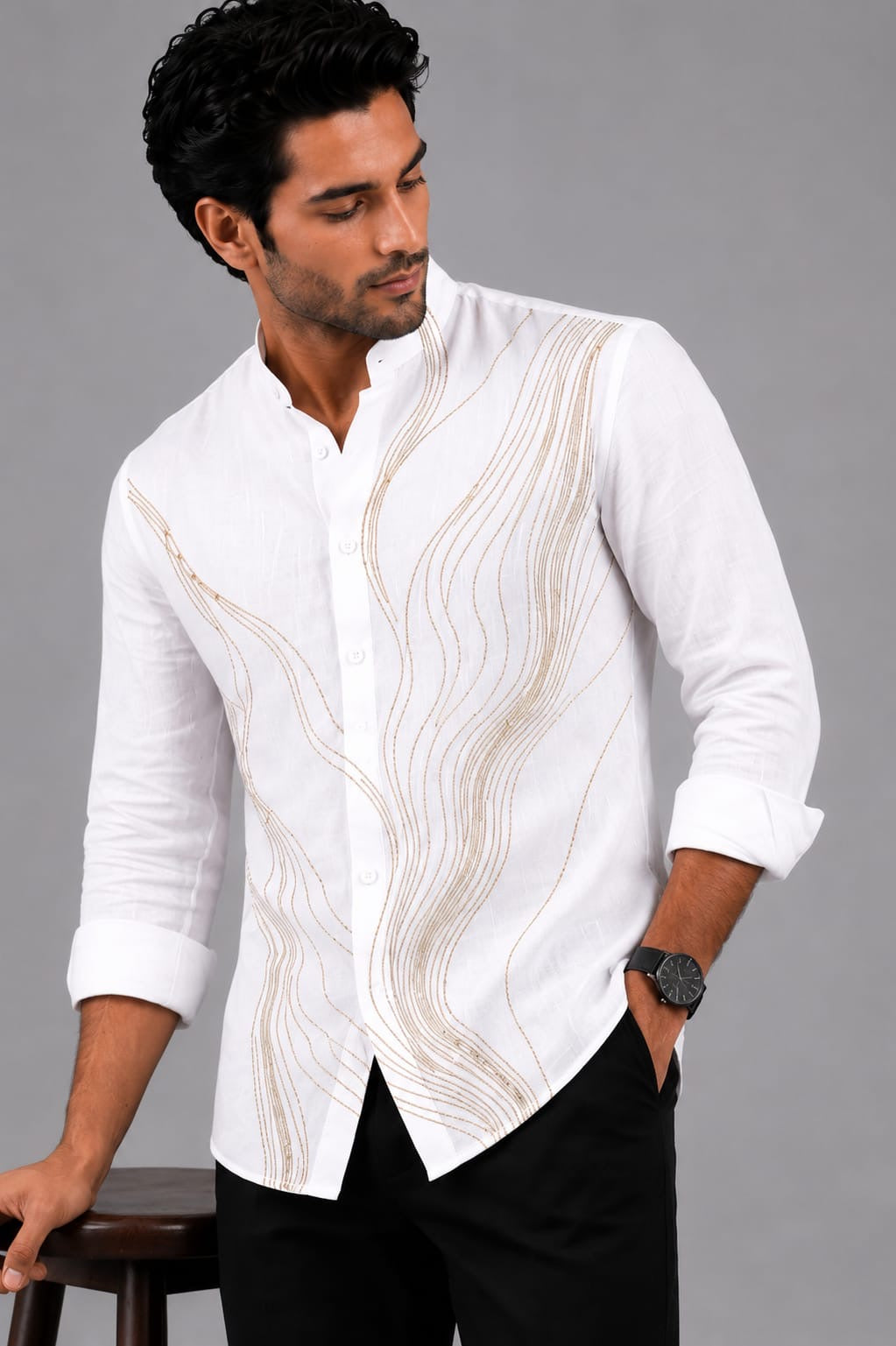 Beige Wave Embroidered Shirt